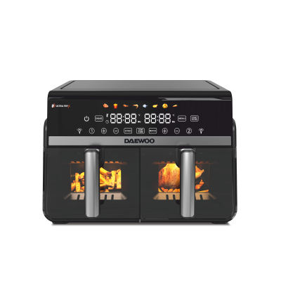 Friteuza dubla cu aer cald Daewoo DAF2X1100LRB, 1100W + 1100 W, display LED, capacitate 5L + 5L, timer, 8 programe predefinite, temperatura maxima 200 grade, Negru