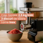 Masina de tocat carne Daewoo DMG2000DC, 2000 W, 2.5 kg/minut, 3 discuri de taiere, lama din inox, functie reverse, Negru - imagine 6