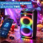 Boxa Portabila Daewoo DPS80, 80W RMS, redare USB si card, telecomanda, microfon wireless, lumini LED, mod karaoke, conectare wireless, Negru - imagine 7